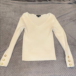 White Ribbed V-Neck Sweater with Gold Button Accents